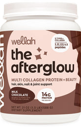 Wellah The Afterglow chocolate bottle with a multi-collagen blend for daily beauty support.