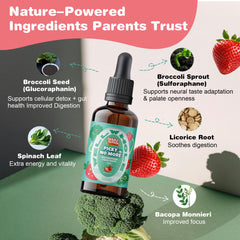 Well&Whole broccoli sprout extract dropper showing plant-based nutrition for kids