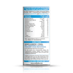 WELLBABY bottle with dosing spoon shows easy daily vitamin routine for kids.