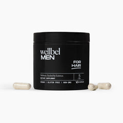 WELLBEL Men bottle front—vegan daily supplement for hair, skin, nails.