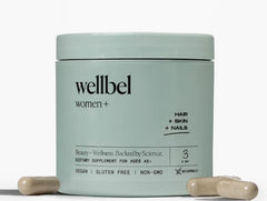 WELLBEL Women+ bottle front showing vegan, non-GMO formula for hair, skin, and nails