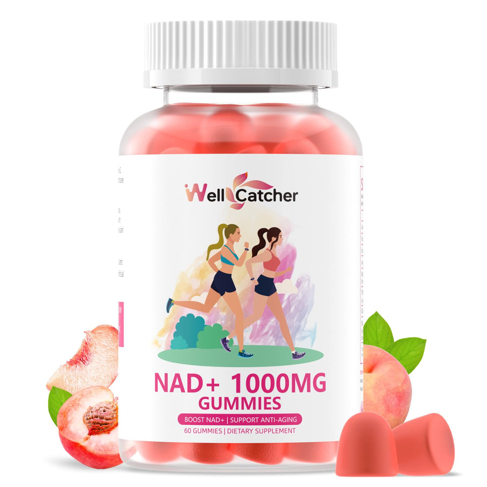Wellcatcher NAD+ gummies peach bottle for daily energy support.