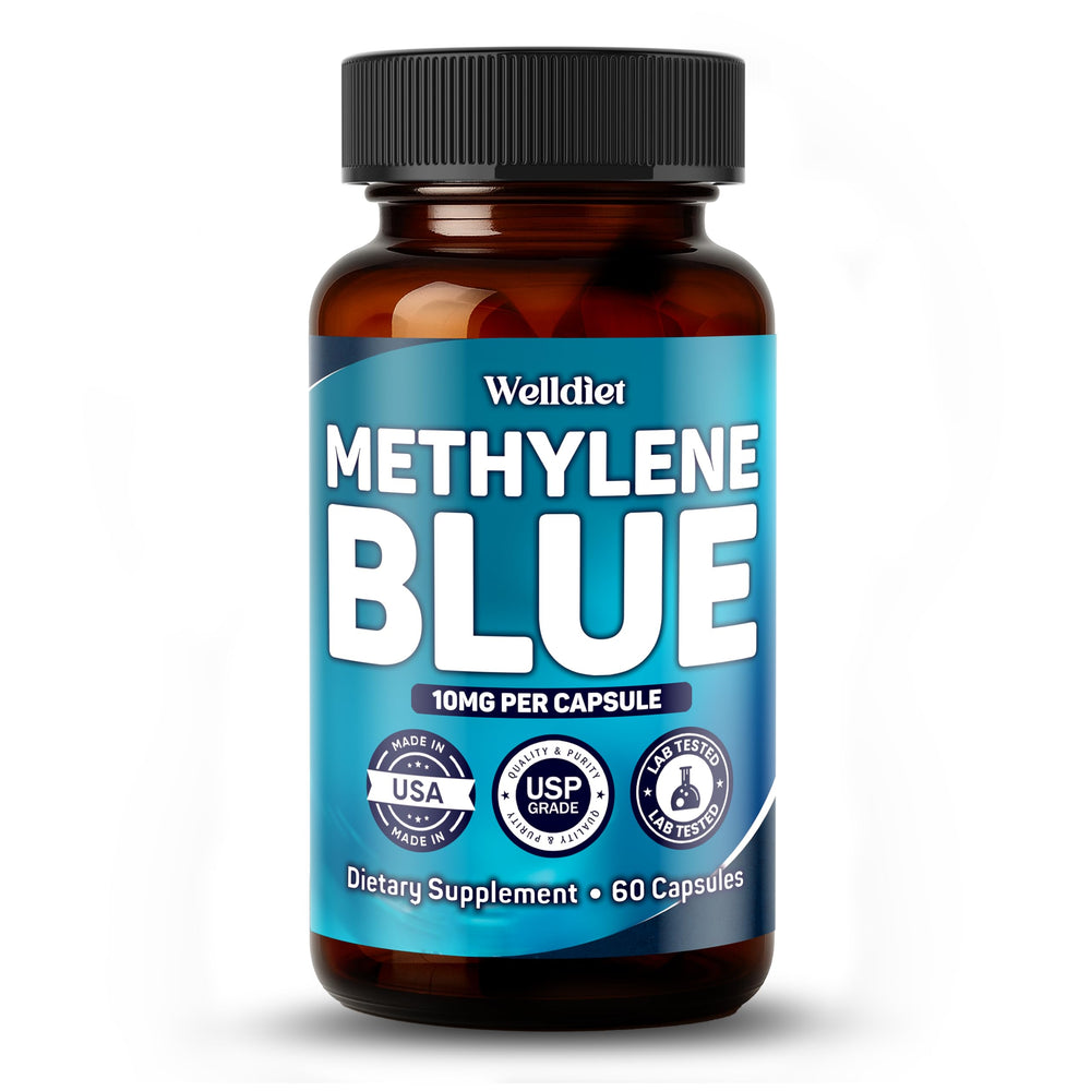 Welldiet Methylene Blue bottle front — USP-grade capsules for clean daily use.