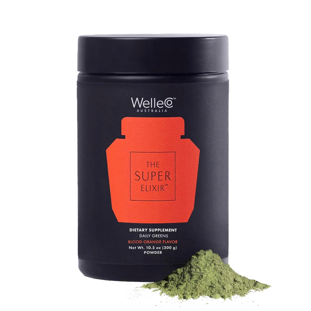 WelleCo The Super Elixir Daily Greens tub front, suggesting a daily wellness ritual.
