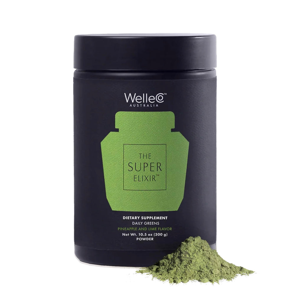 WelleCo Super Elixir pineapple-lime jar front promotes daily greens and energy