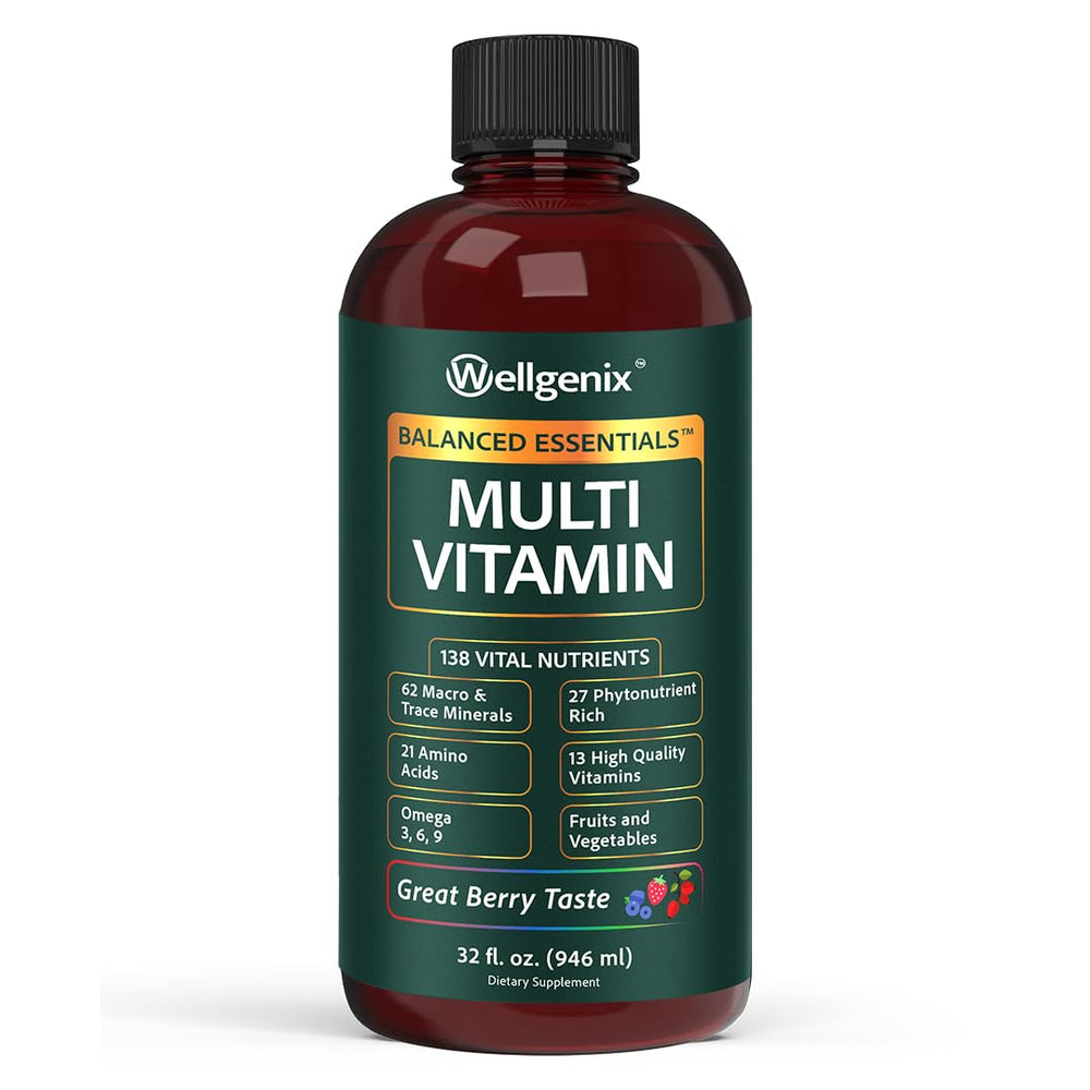 Wellgenix Balanced Essentials bottle pour showing a smooth berry liquid for daily energy