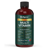 Wellgenix Balanced Essentials bottle pour showing a smooth berry liquid for daily energy