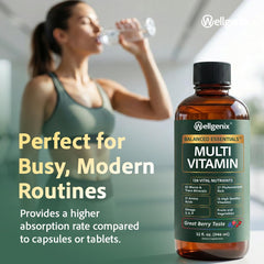 Wellgenix Balanced Essentials dispensed glass with a one-ounce serving for convenience