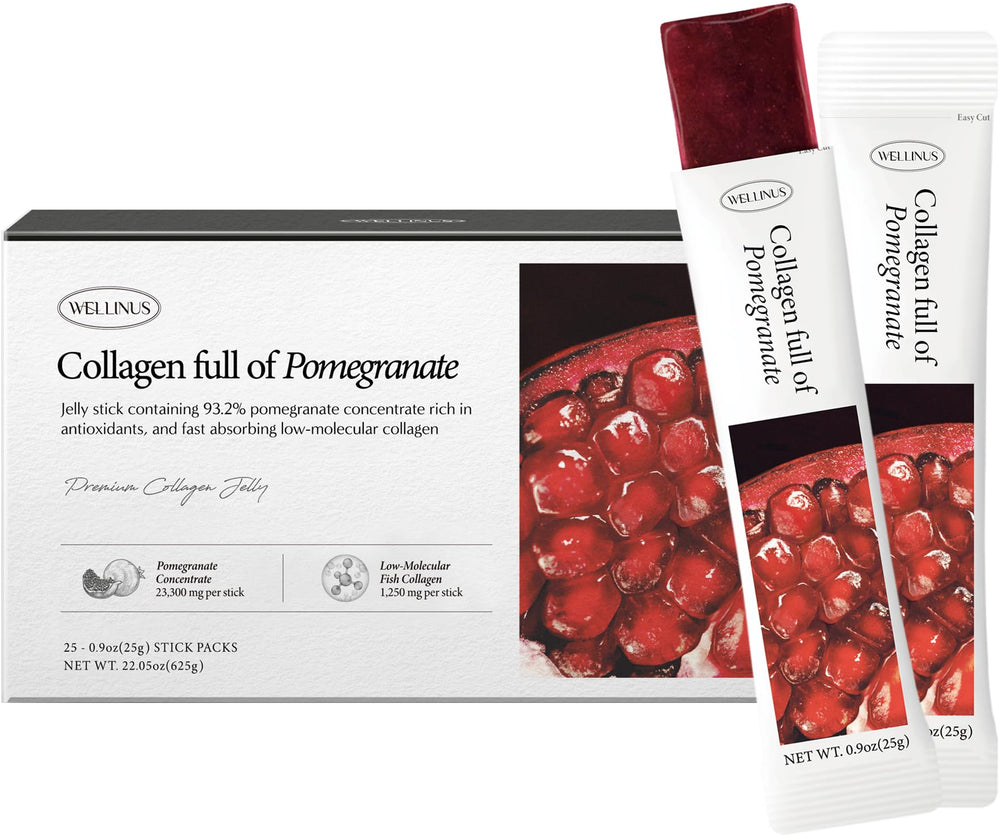 WELLINUS Korean collagen jelly stick with pomegranate flavor for on-the-go hydration.