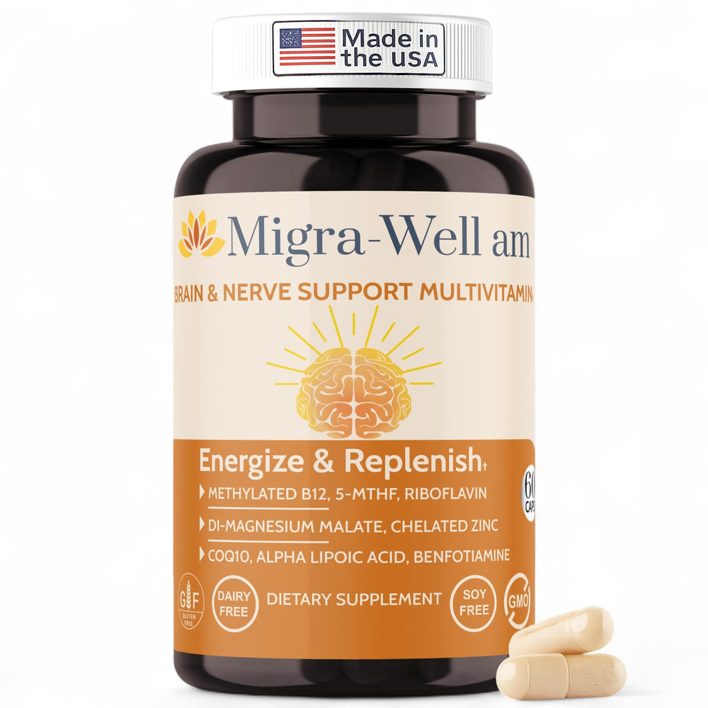 Wellkasa Migra-Well AM bottle front, daily energy-support multivitamin.