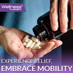 WELLNESS LABSRX daily use capsules for active lifestyles shown with bottle and glass of water.