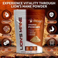 Lions Mane powder jar highlights organic, vegan ingredients