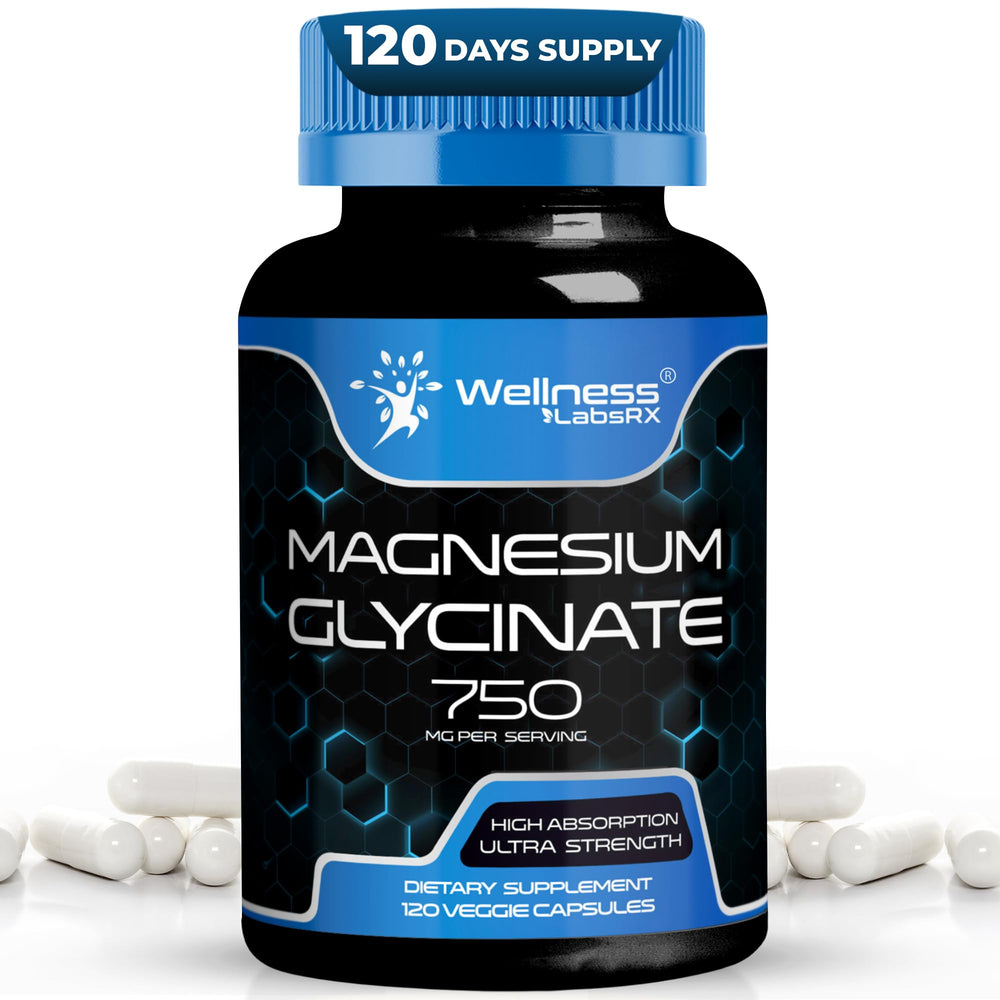 WELLNESS LABSRX magnesium glycinate bottle highlighting high absorption for daily calm.