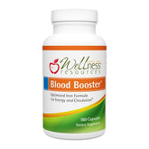 Wellness Resources Blood Booster iron capsule on bottle label for gentle energy support.