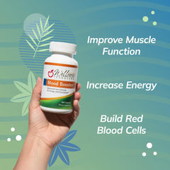 Blood Booster packaging closeup highlighting methylfolate and coenzyme B vitamins for bioavailability.
