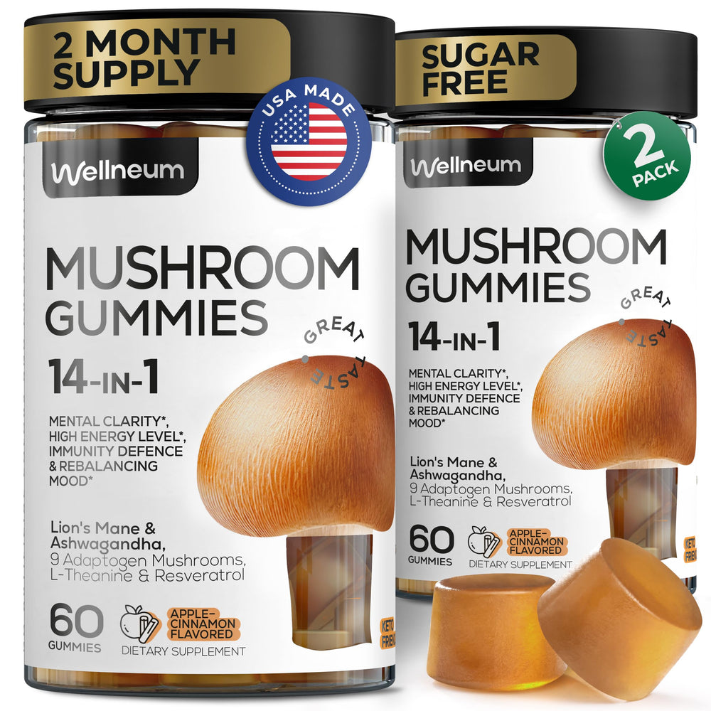 Wellneum Mushroom Gummies bottle highlights apple cinnamon flavor for easy daily use