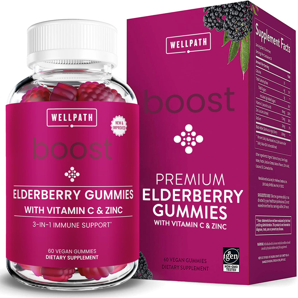 WellPath Boost gomitas de saúco en bote, sabor agradable para uso diario.