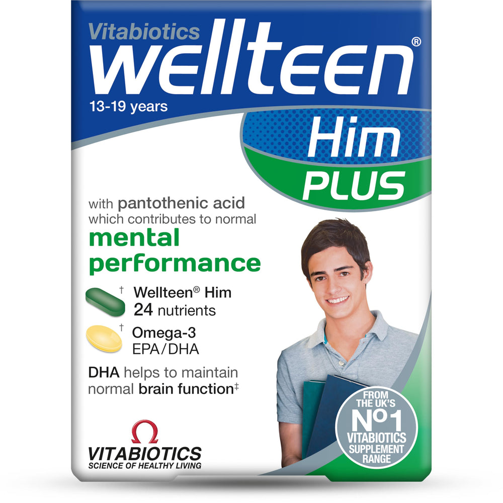 Wellteen Him Plus bottle front showing branding for teen nutrition