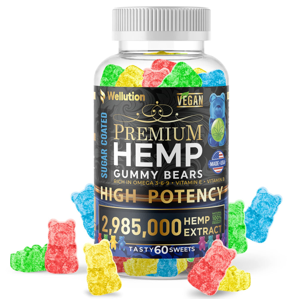 Wellution Sugar-Coated Hemp Gummies packaging shows high-potency relaxation.