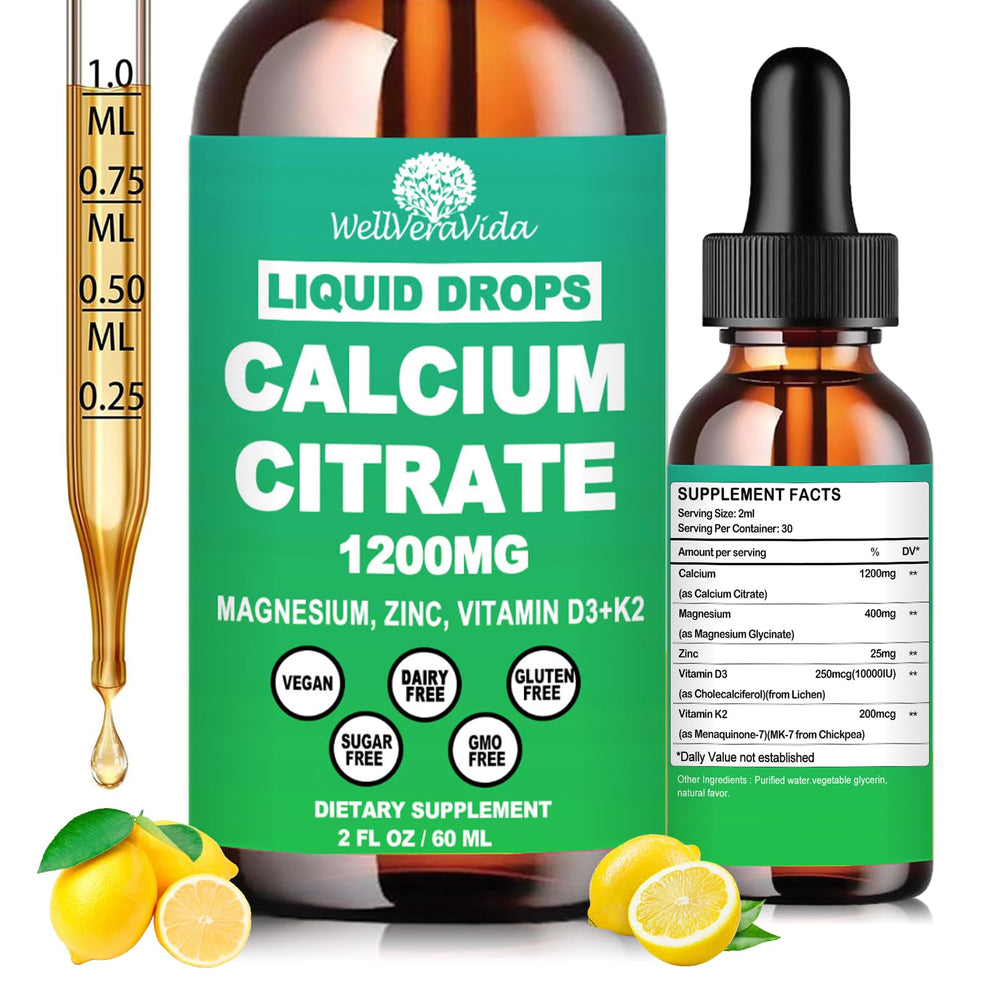 WellVeraVida Calcium Citrate Drops bottle shows high absorption formula for bone support