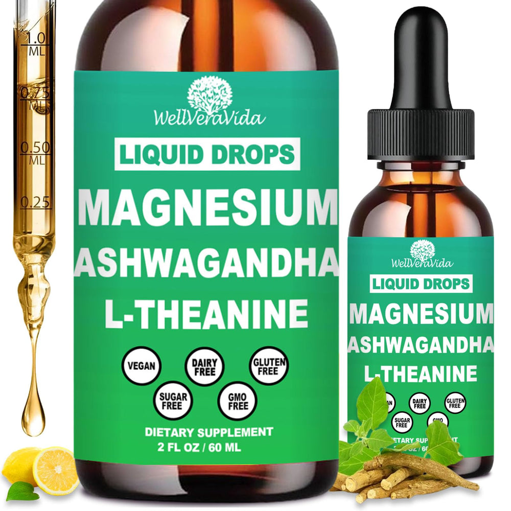 WellVeraVida cortisol liquid bottle closeup showing the magnesium blend for daily support.