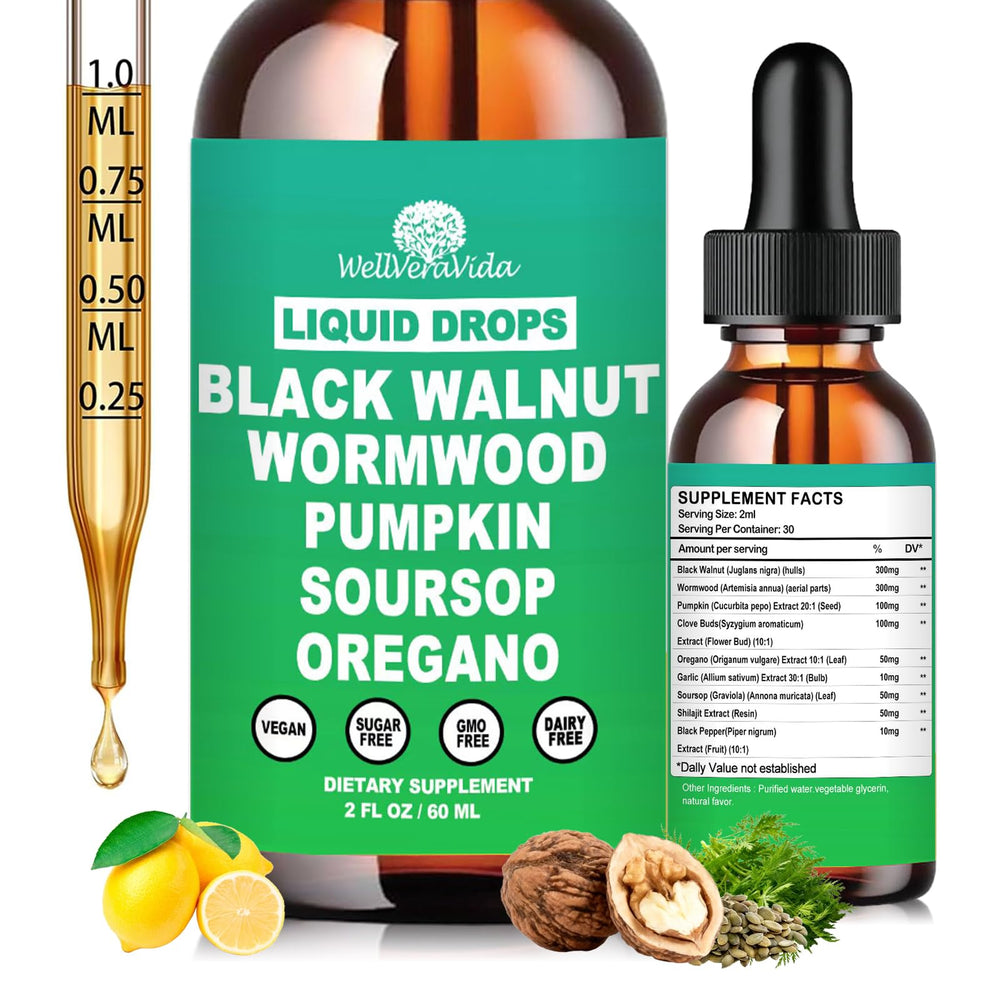 WellVeraVida Wormwood Black Walnut Cleanse Drops bottle pour for gentle detox support.