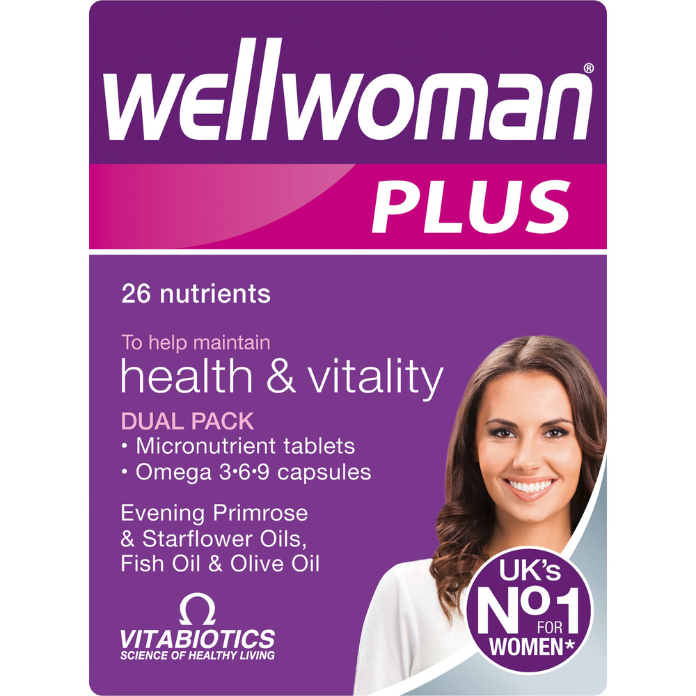 Wellwoman Plus multivitamin bottle for daily vitality support.