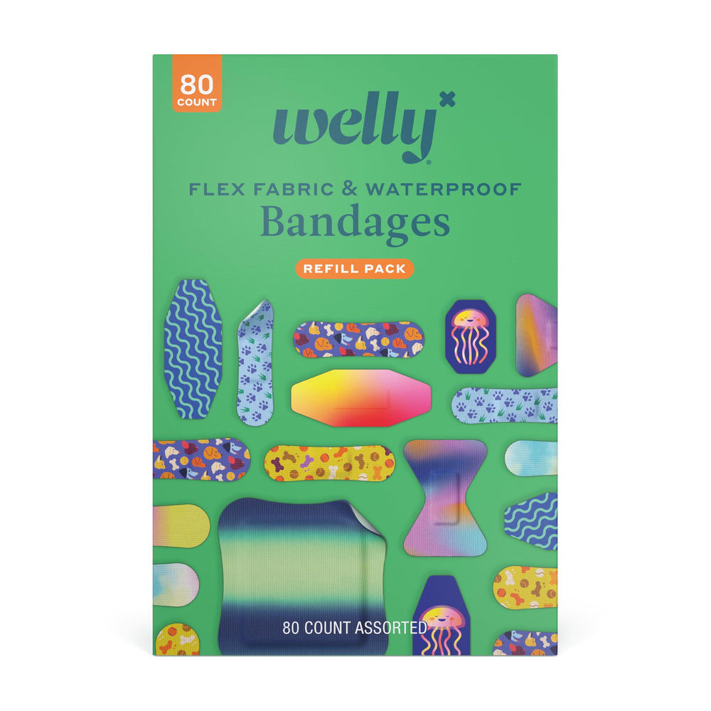 Welly Vendaje Pack Familiar, 80 unidades, tiras flexibles e impermeables para pequeños cortes.