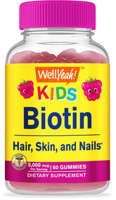 WellYeah Biotin Gummies for Kids bottle with raspberry flavor for daily use.