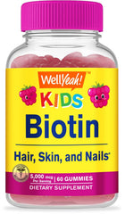 WellYeah Biotin Gummies for Kids bottle with raspberry flavor for daily use.