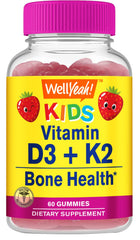 WellYeah Kids D3 K2 gummies bottle shows vibrant label for bone-supporting nutrition.