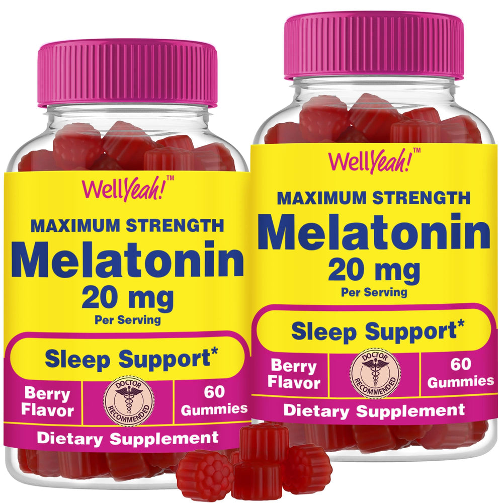 WellYeah Melatonin Gummies jar close-up showing 20mg potency for nighttime calm
