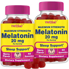 WellYeah Melatonin Gummies jar close-up showing 20mg potency for nighttime calm