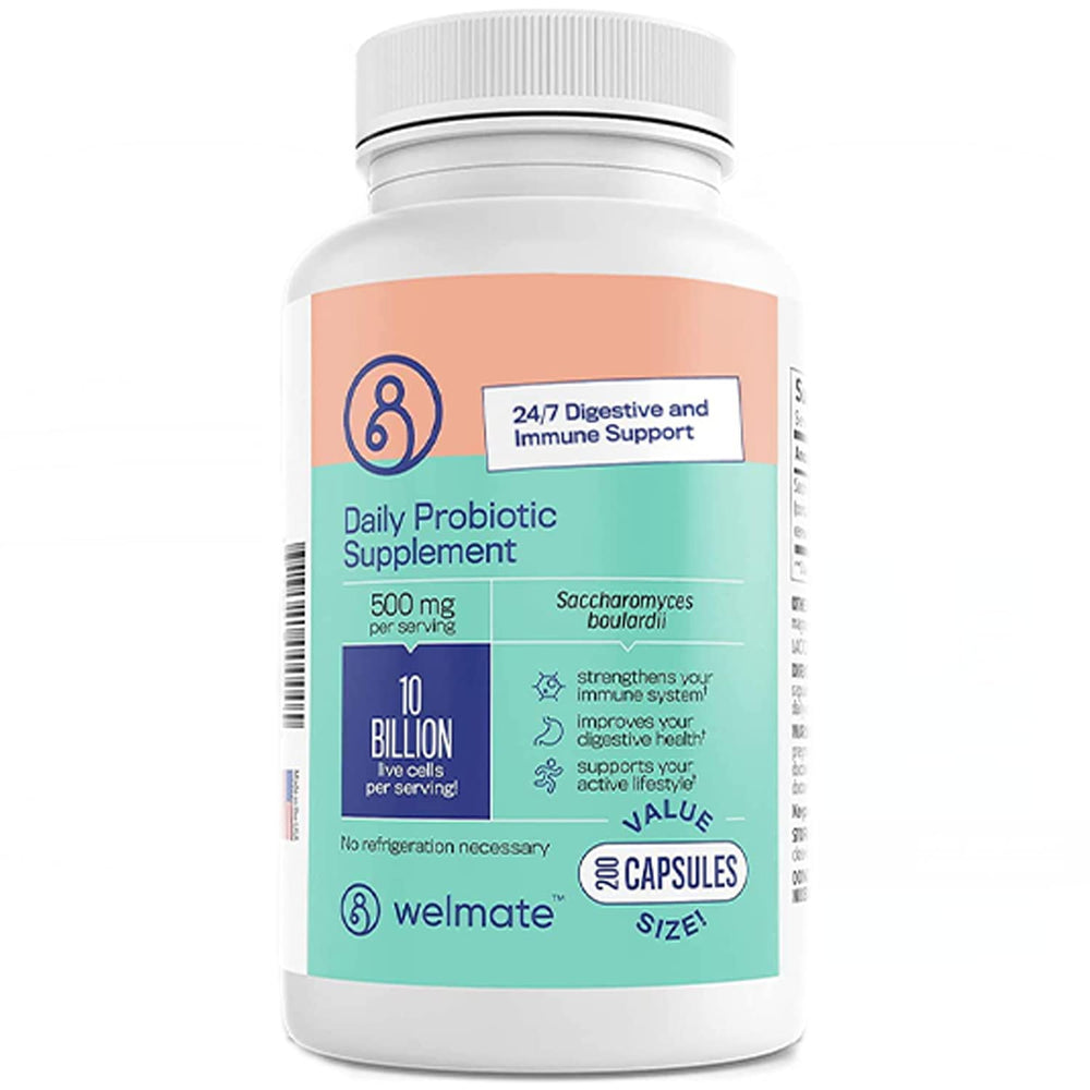 Welmate daily probiotic bottle on a kitchen counter for digestive balance.