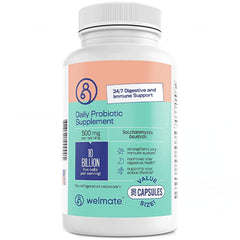 Welmate daily probiotic bottle on a kitchen counter for digestive balance.