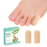 Welnove gel toe cap close-up showing soft silicone and aloe moisture for gentle wear.