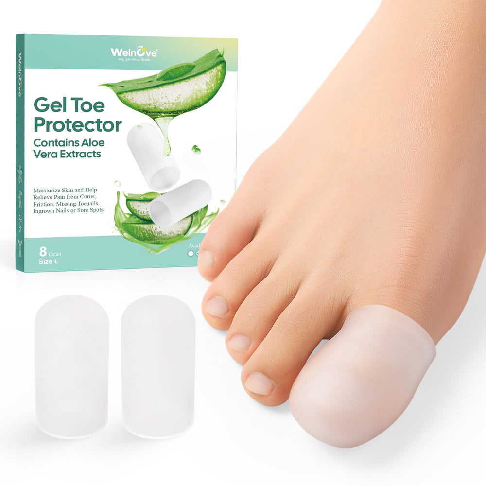 Welnove gel toe cap on foot reduces friction and pressure on the toe.