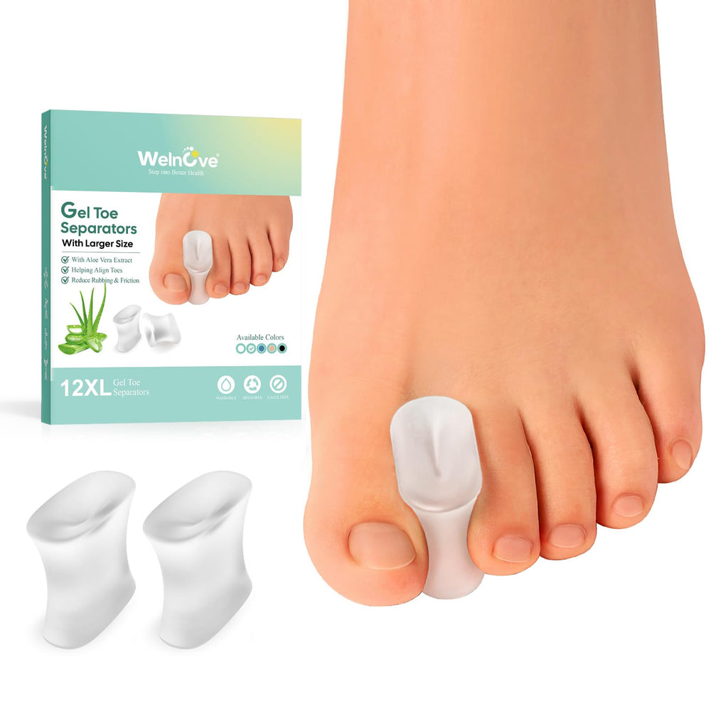 Welnove gel toe separators 12-pack product shot, smooth silicone between toes
