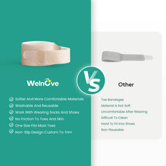 Single wrap with Velcro strap illustrates adjustable support and toe alignment.
