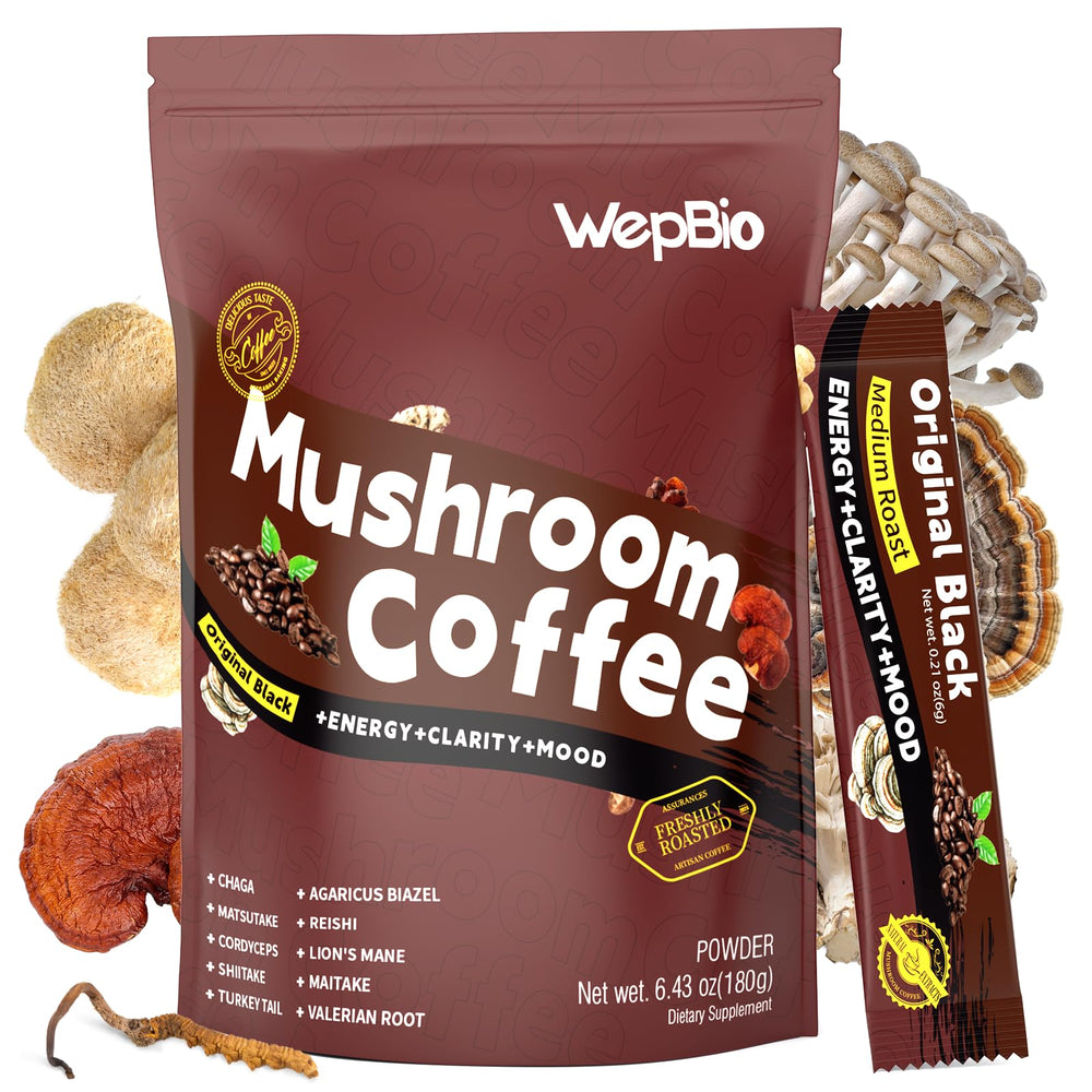 WepBio Mushroom Coffee Original Black cup showing aromatic steam and energy-boosting potential.