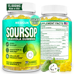 Wesiguk Soursop Gummies bottle highlights organic ingredients for everyday wellness.