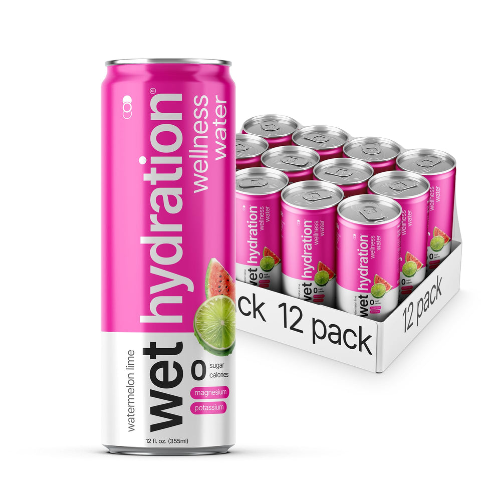 Wet Hydration can front shows Watermelon Lemon Lime flavor, zero sugar hydration for busy days.