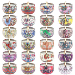 Wfmolcand candle tins with patterned jars for home décor and ambience.