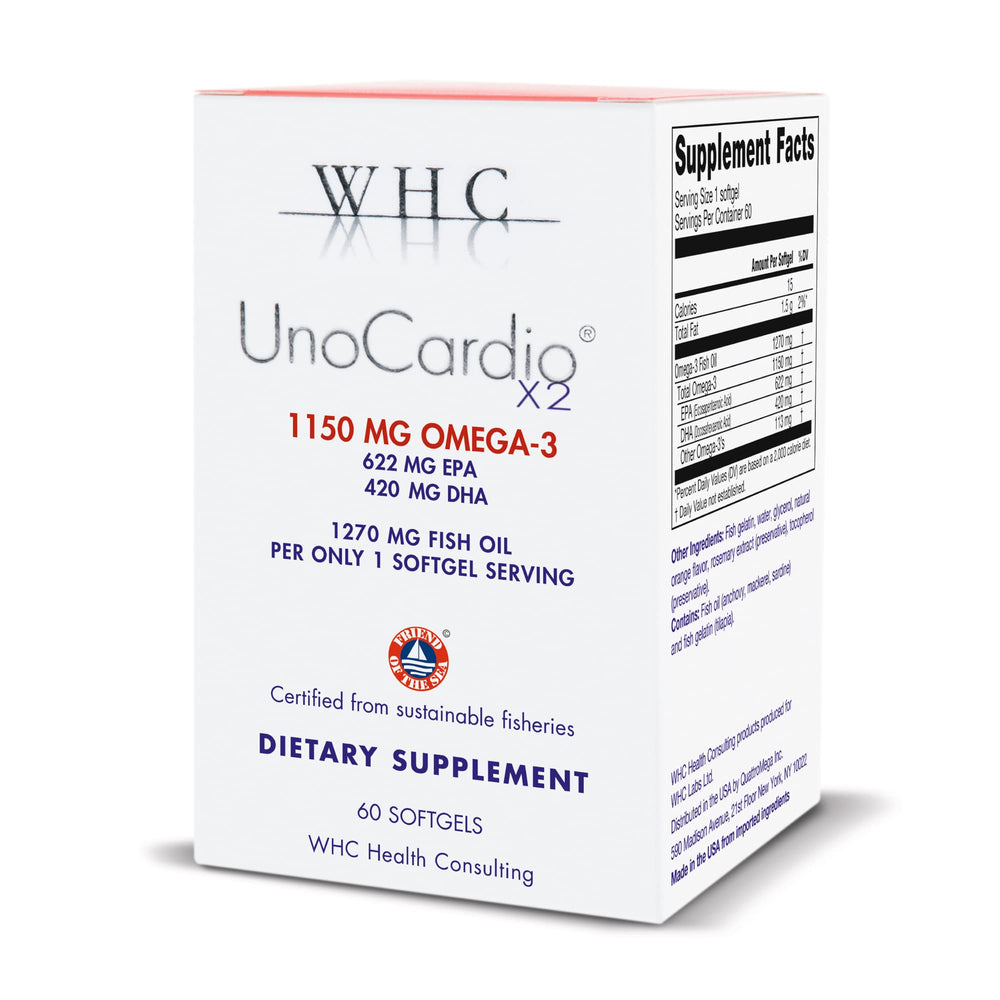 WHC UnoCardio X2 bottle front highlights high-purity omega-3 for daily heart support.