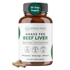 Whole Again Nutrition grass fed beef liver capsules bottle for daily energy support.