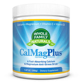 Whole Family Naturals CalMag Plus bottle front shows pure minerals for daily use.