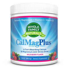 Whole Family Naturals CalMag Plus bottle supports daily mineral balance with gluten-free, non-GMO formula.