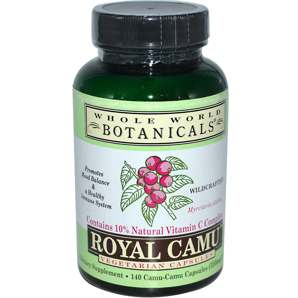 Whole World Botanicals Royal Camu 140ct bottle for immune support and mood balance.