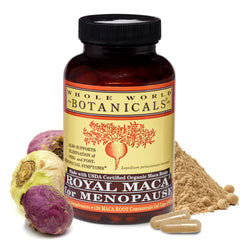 Royal Maca capsules closeup on white surface may provide moderate relief of menopausal symptoms