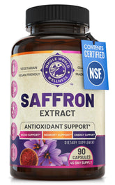Whole World Wellness saffron extract bottle signals mood and focus support.
